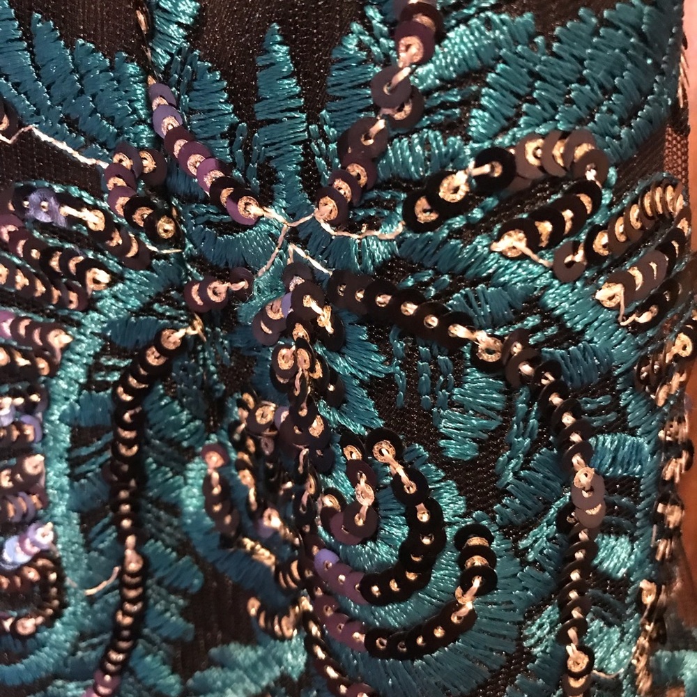 Elle Zeitoune Midi Beaded Evening Dress with Fringe Blue Green Black Gown Size 6 - Picture 4 of 6